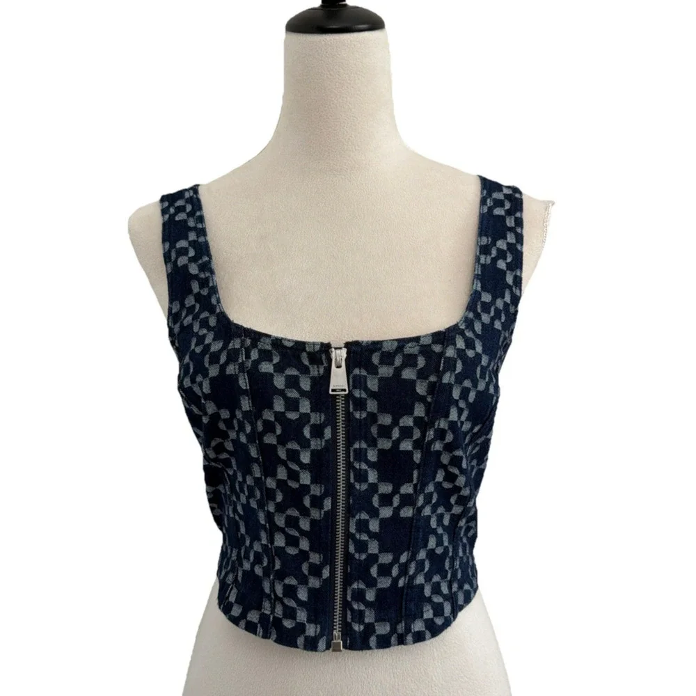 NWT Simkhai Krista Denim Corset Top Womens 6 Zip Front Structured Blue Bustier